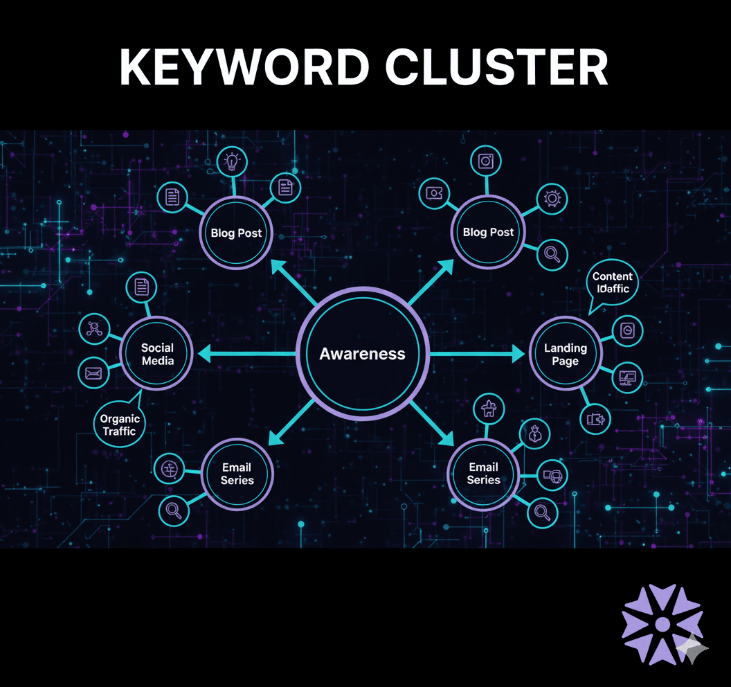 Keyword clustering visualization showing grouped related keywords for SEO strategy