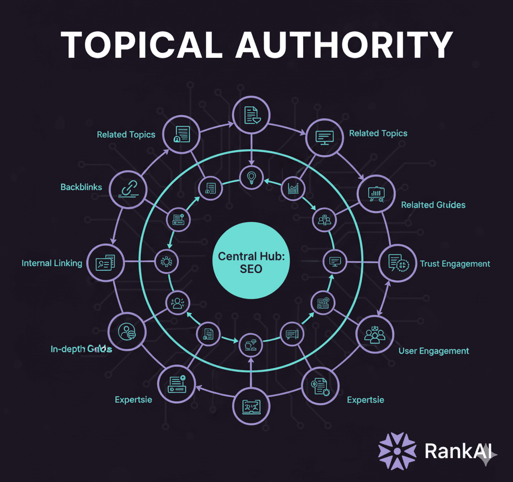Topical authority building strategy showing content clusters and expertise development