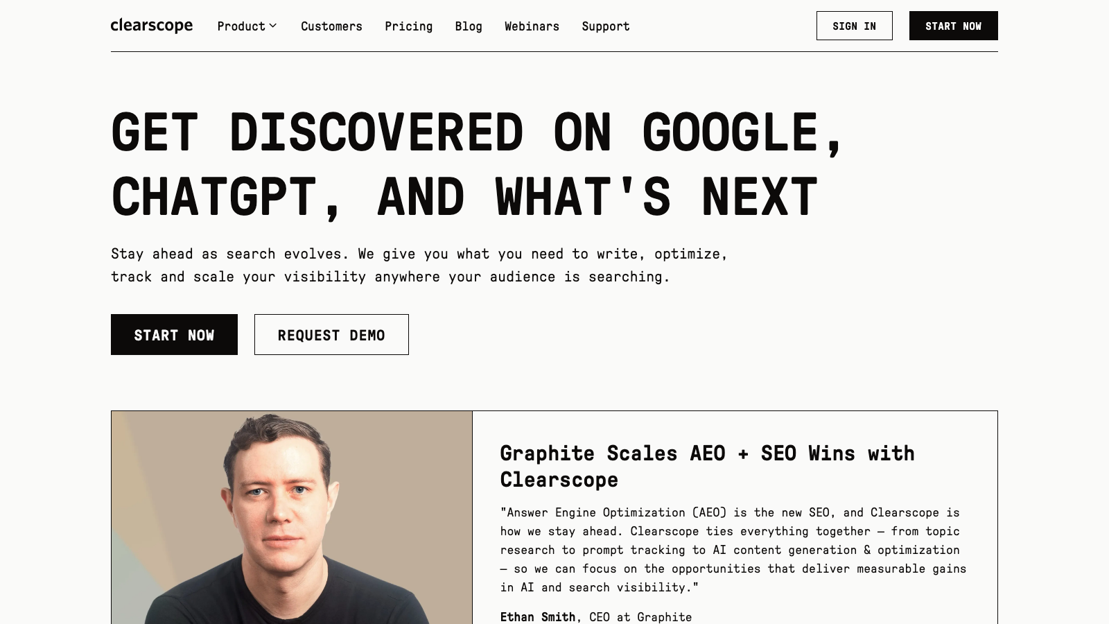 Clearscope homepage showing NLP-driven content grading and Prompt Tracking