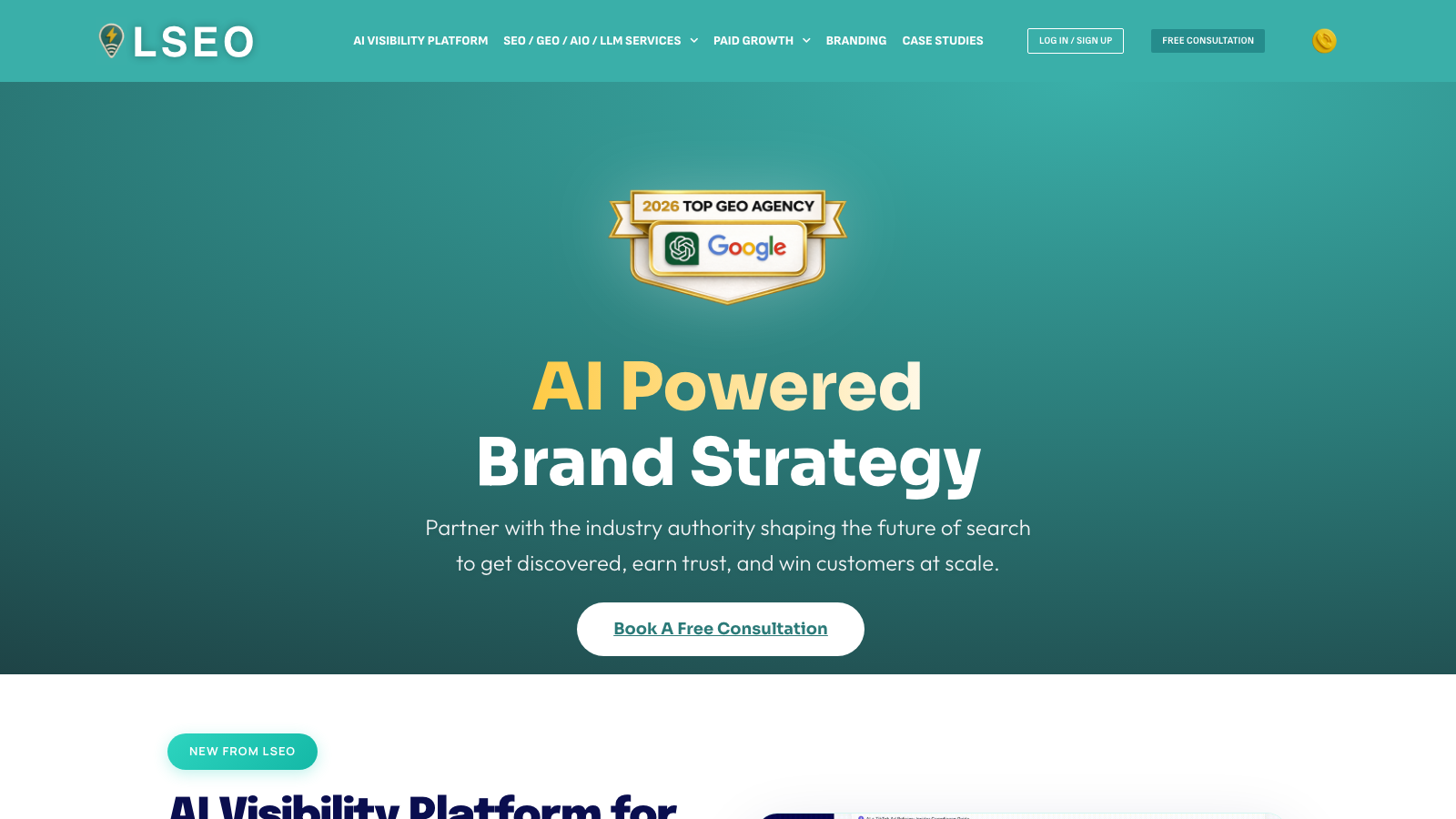LSEO homepage showing its brand-powered, performance-driven full-funnel agency across 10 industry verticals