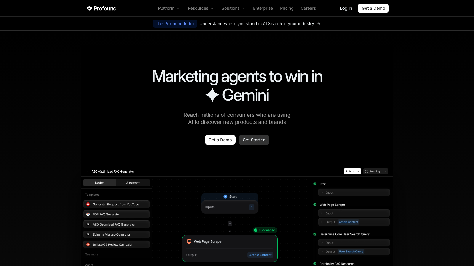 Profound homepage showing the enterprise AI search visibility platform with 9-engine coverage
