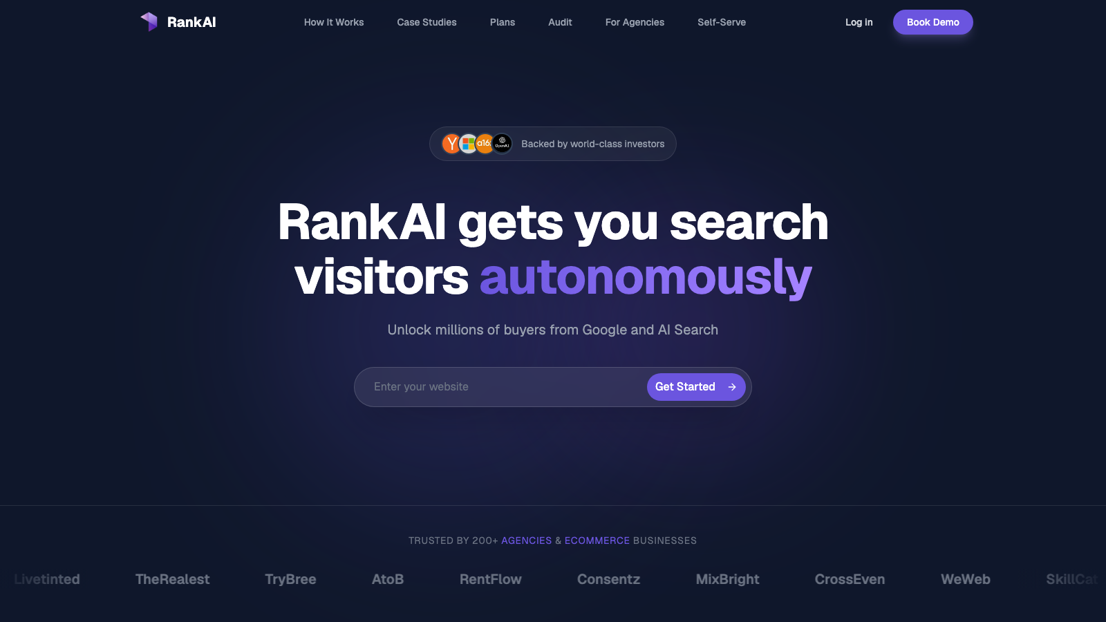 RankAI homepage showing the autonomous AI SEO platform that ships and rewrites content