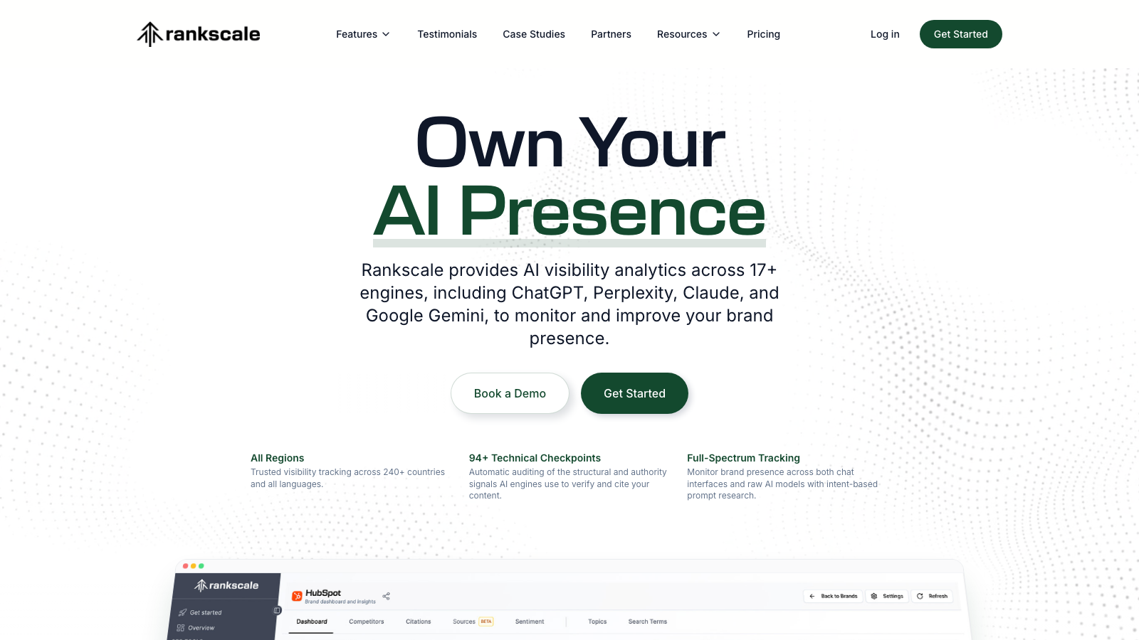 Rankscale homepage showing credit-based AI visibility analytics across 8+ engines