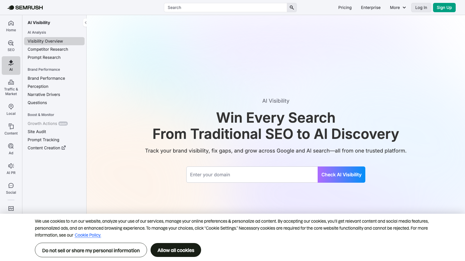 Semrush AI Visibility Toolkit page showing the AI search visibility module bundled into the broader Semrush SEO suite