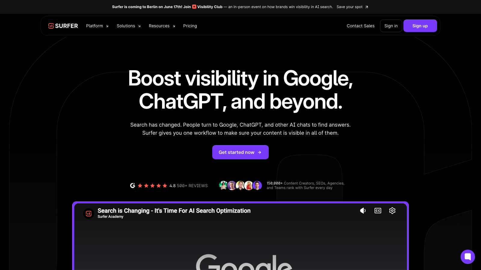 Surfer SEO homepage showing content optimization with AI search visibility monitoring