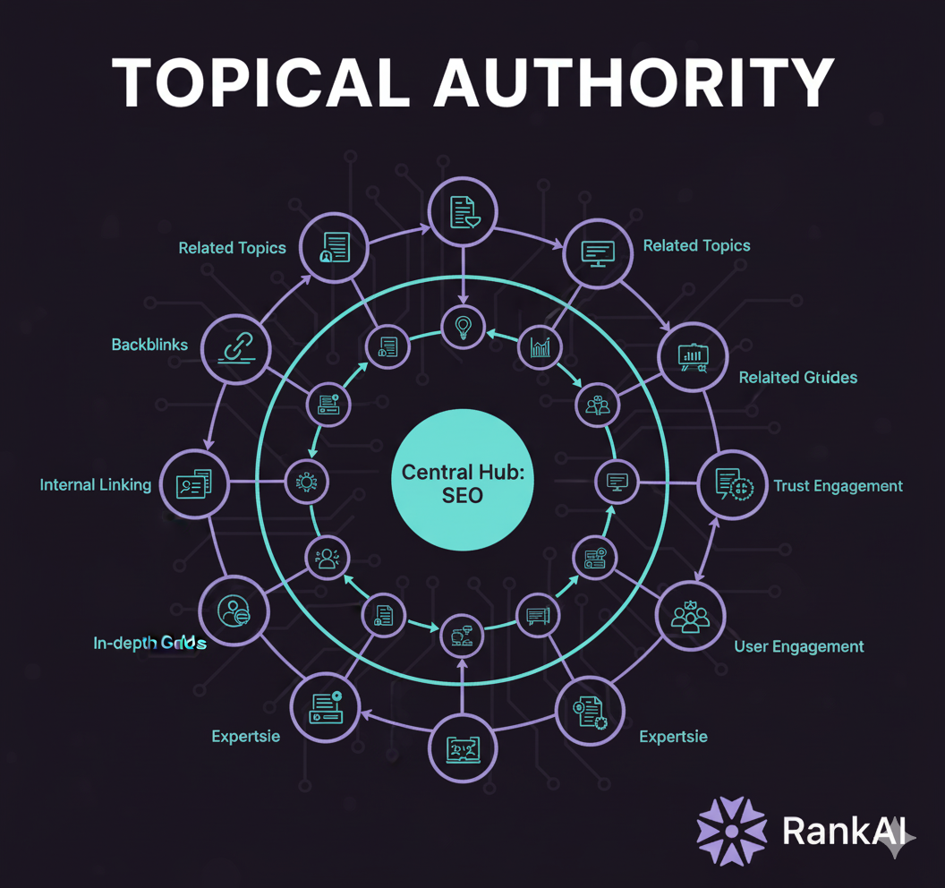 Topical authority building strategy showing content clusters and expertise development
