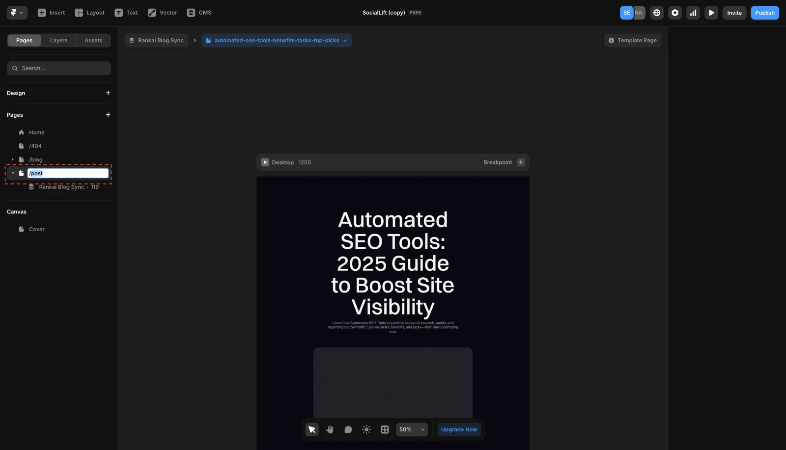 Framer sidebar showing the option to change the page path