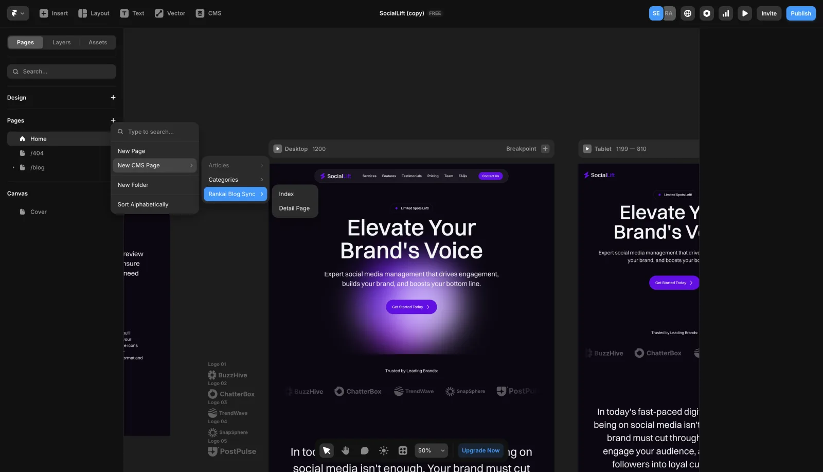 Framer Pages menu showing the option to create a new CMS page
