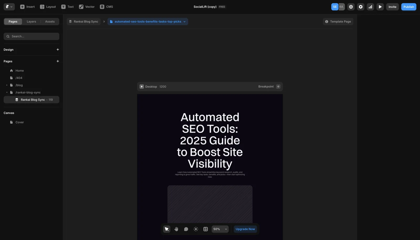 Framer sidebar showing the created RankAI CMS page