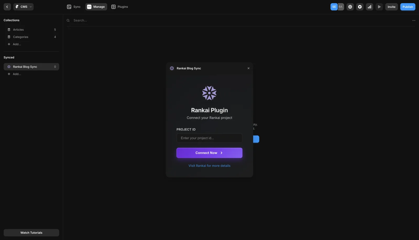 RankAI plugin in Framer with a Project ID field