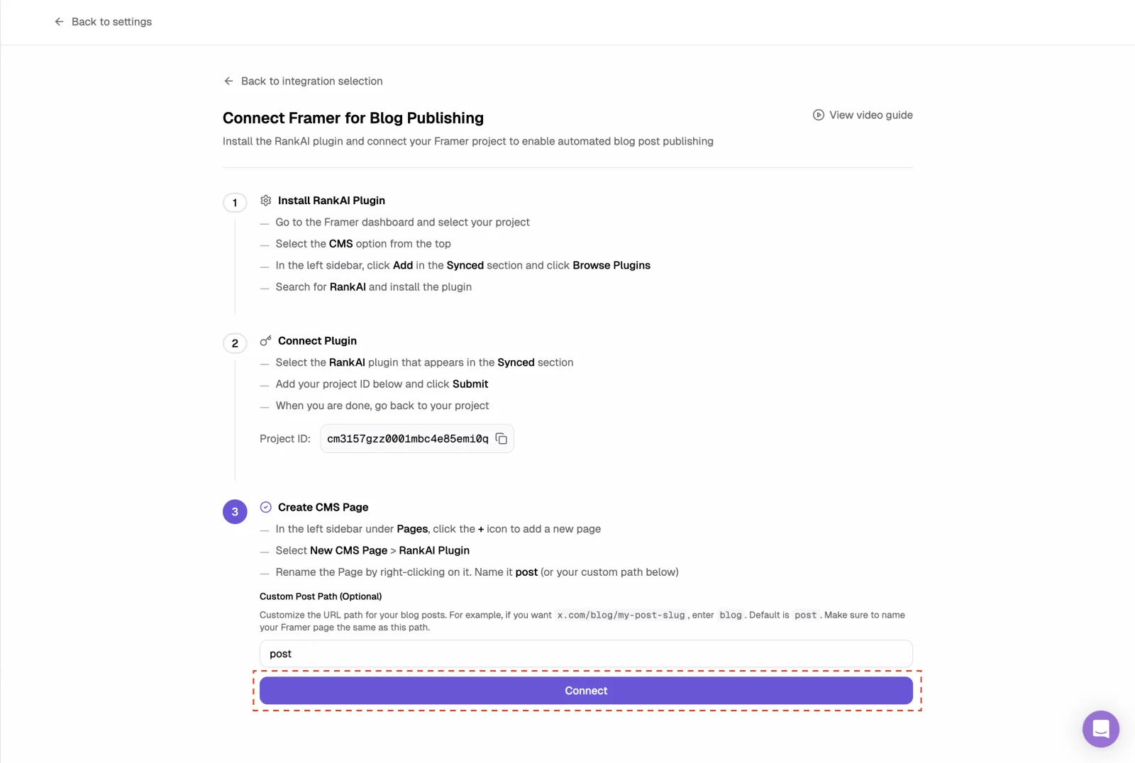 Framer RankAI connection page