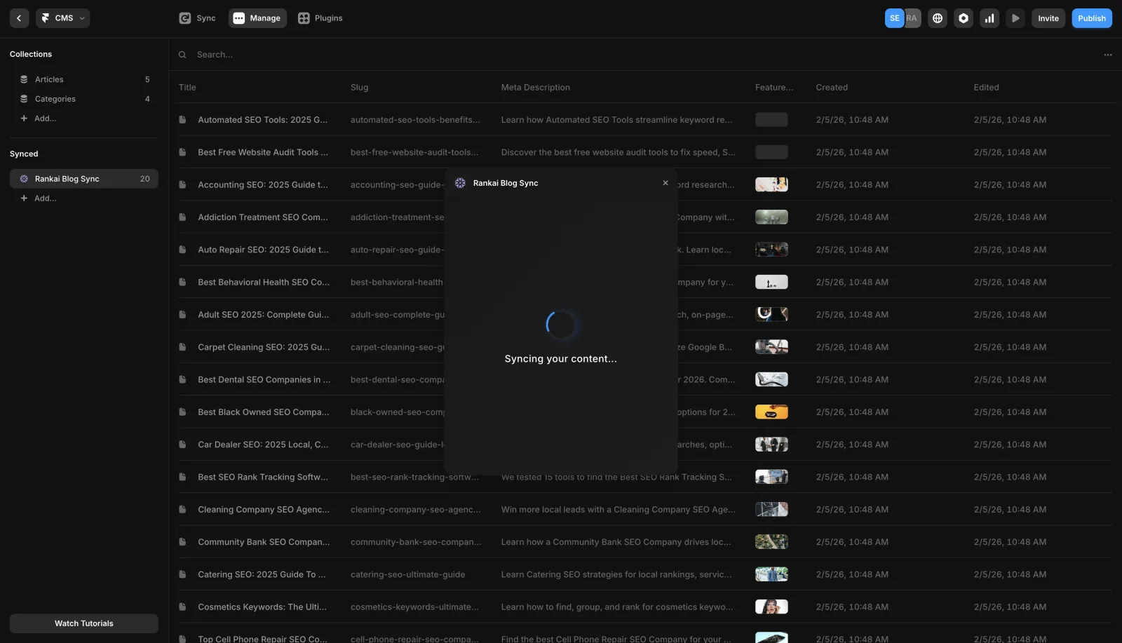 Framer RankAI plugin showing syncing status