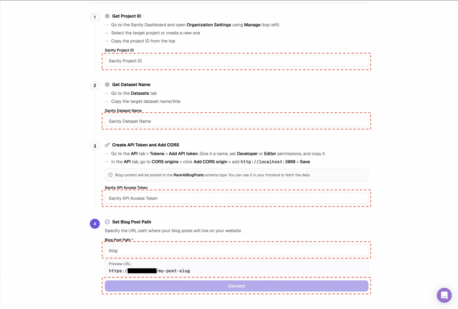 RankAI Sanity integration form with Project ID, Dataset Name, and API Access Token fields
