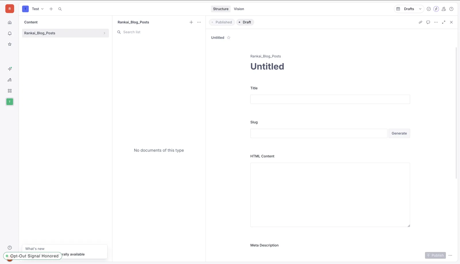 Sanity Studio showing the RankAI schema configured successfully