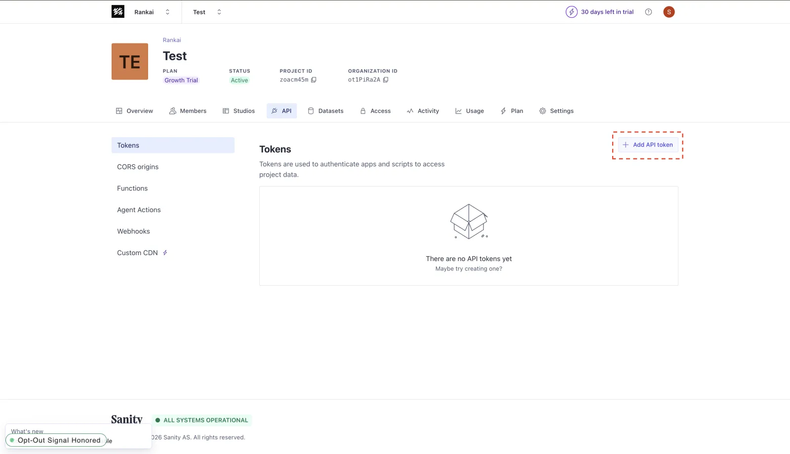 Sanity API Tokens page with the Add API token button highlighted