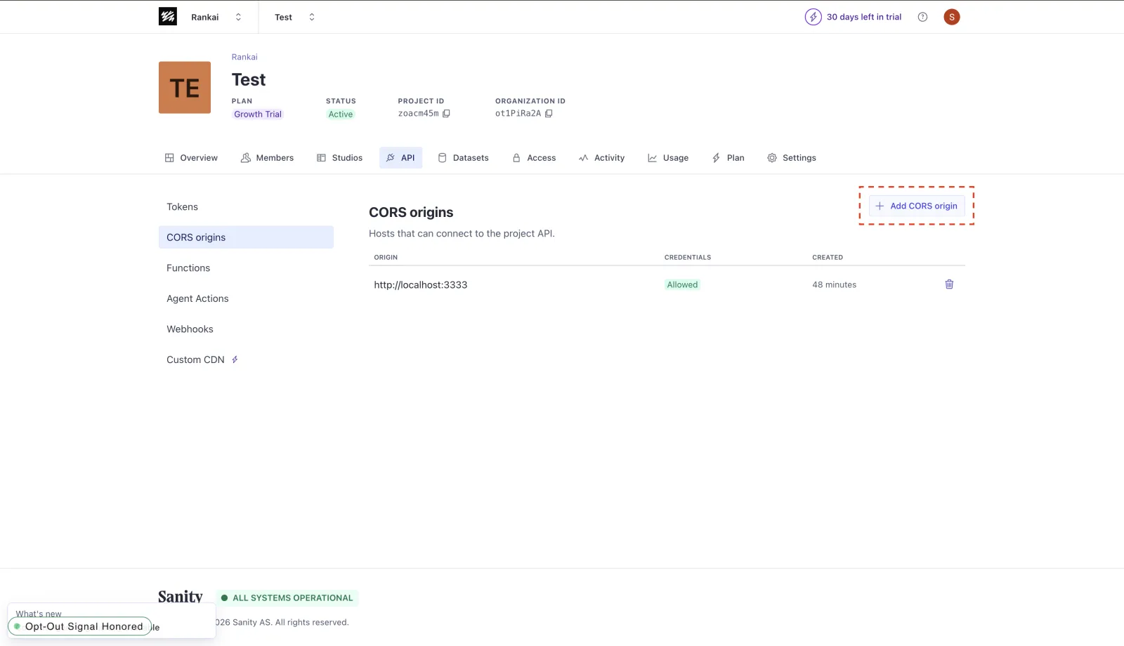 Sanity CORS origins page with the Add CORS origin button highlighted