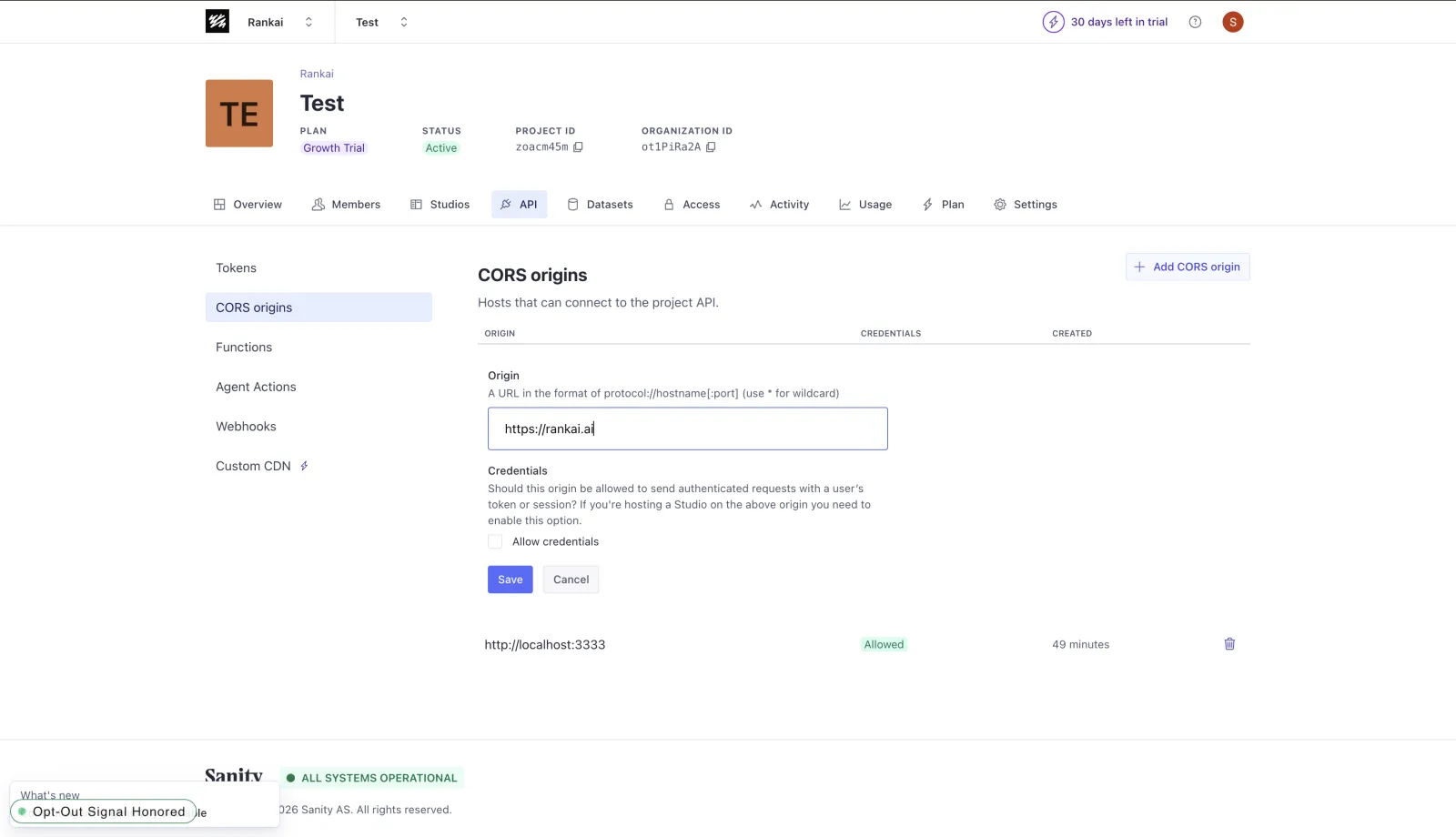 Sanity CORS origin configuration with the RankAI URL entered