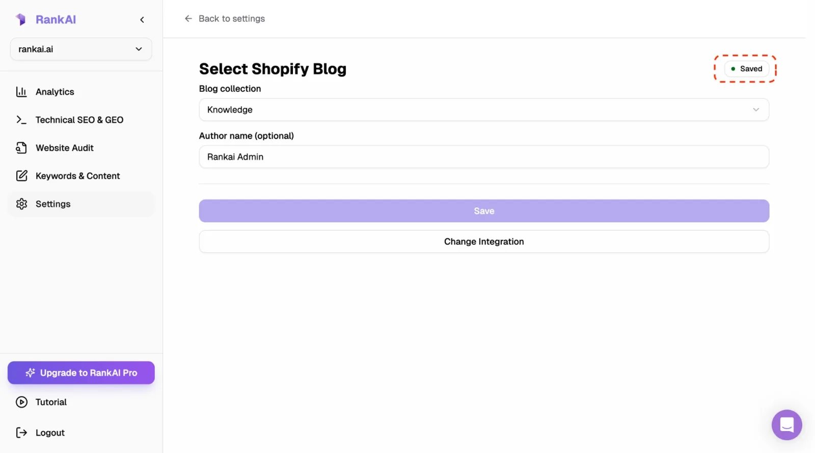 Select Shopify Blog screen with Saved status after saving