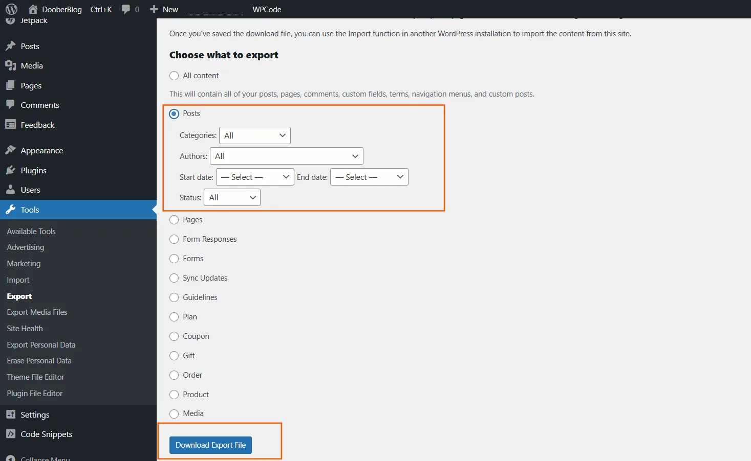 Export configuration
