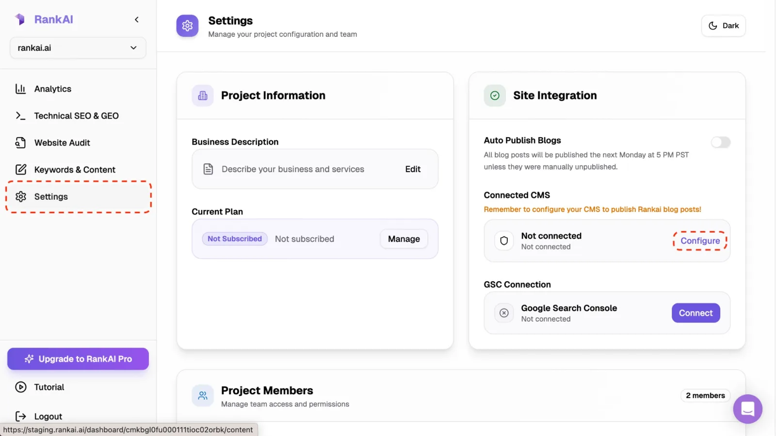 RankAI Settings page with Connected CMS and Configure button