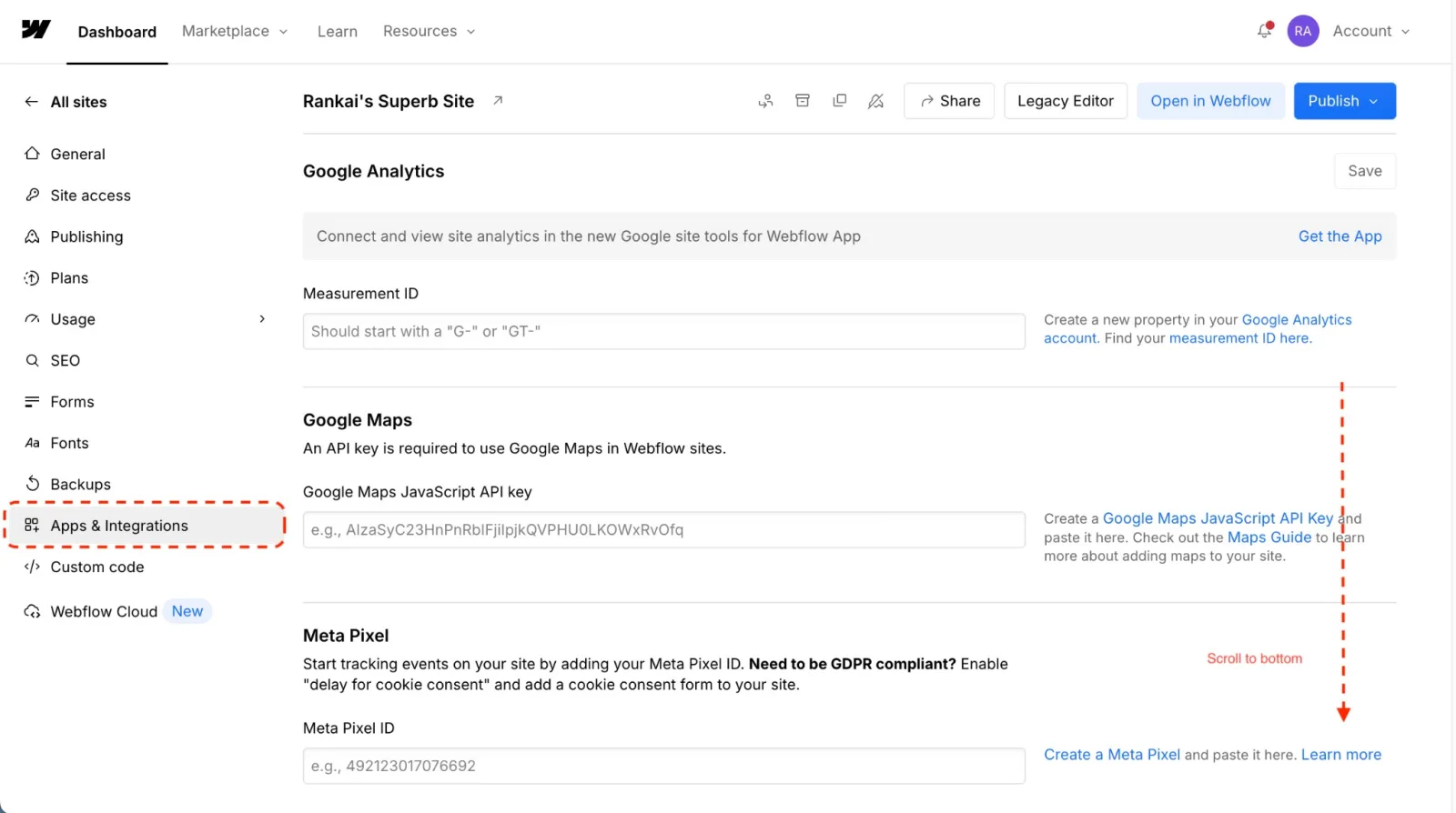 Webflow Project Settings sidebar with Apps & Integrations highlighted
