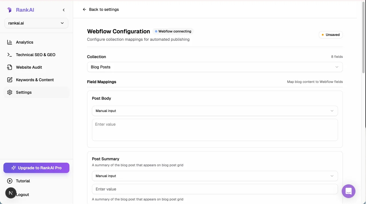 Webflow Configuration screen with Collection and Field Mappings