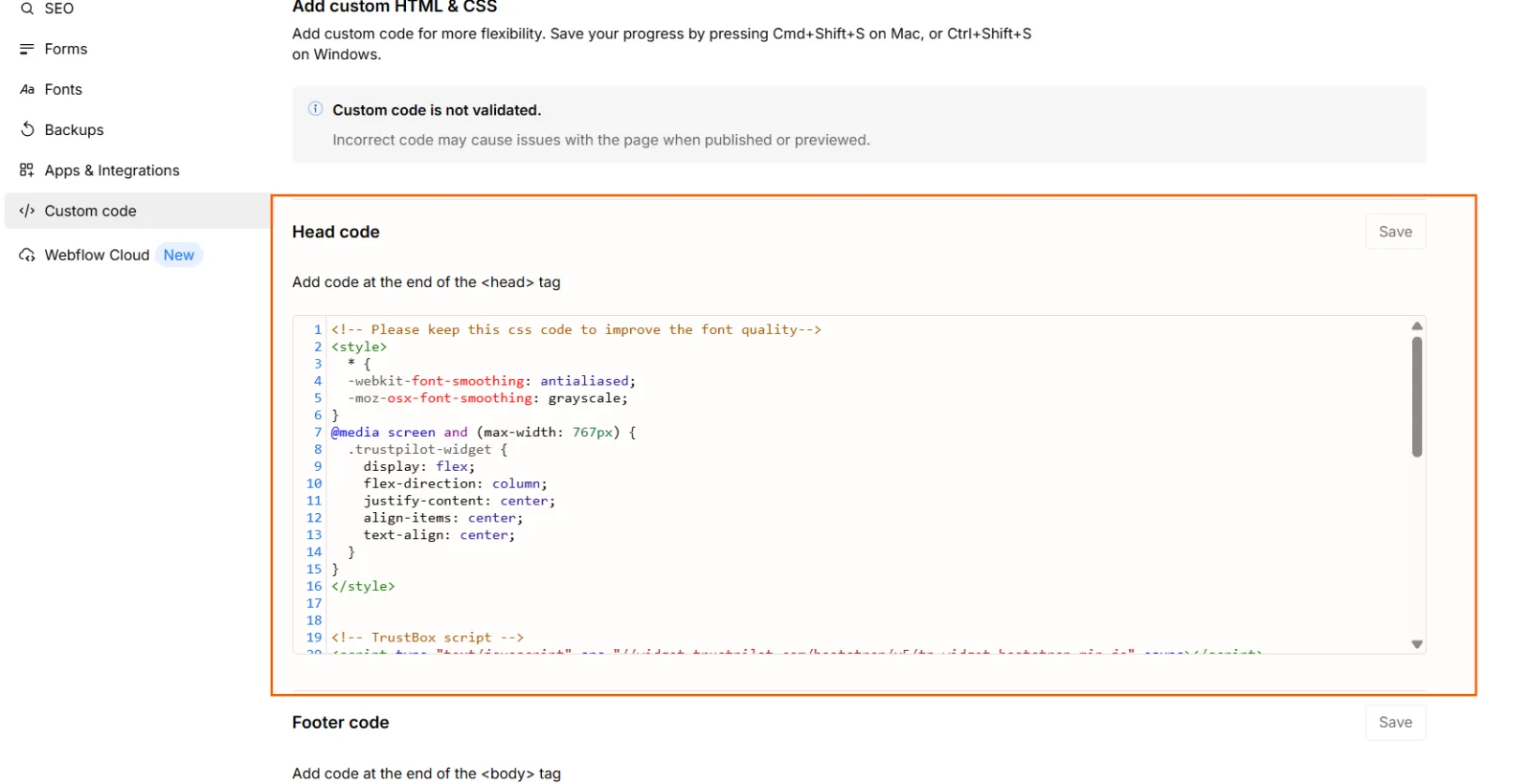 Custom Code tab