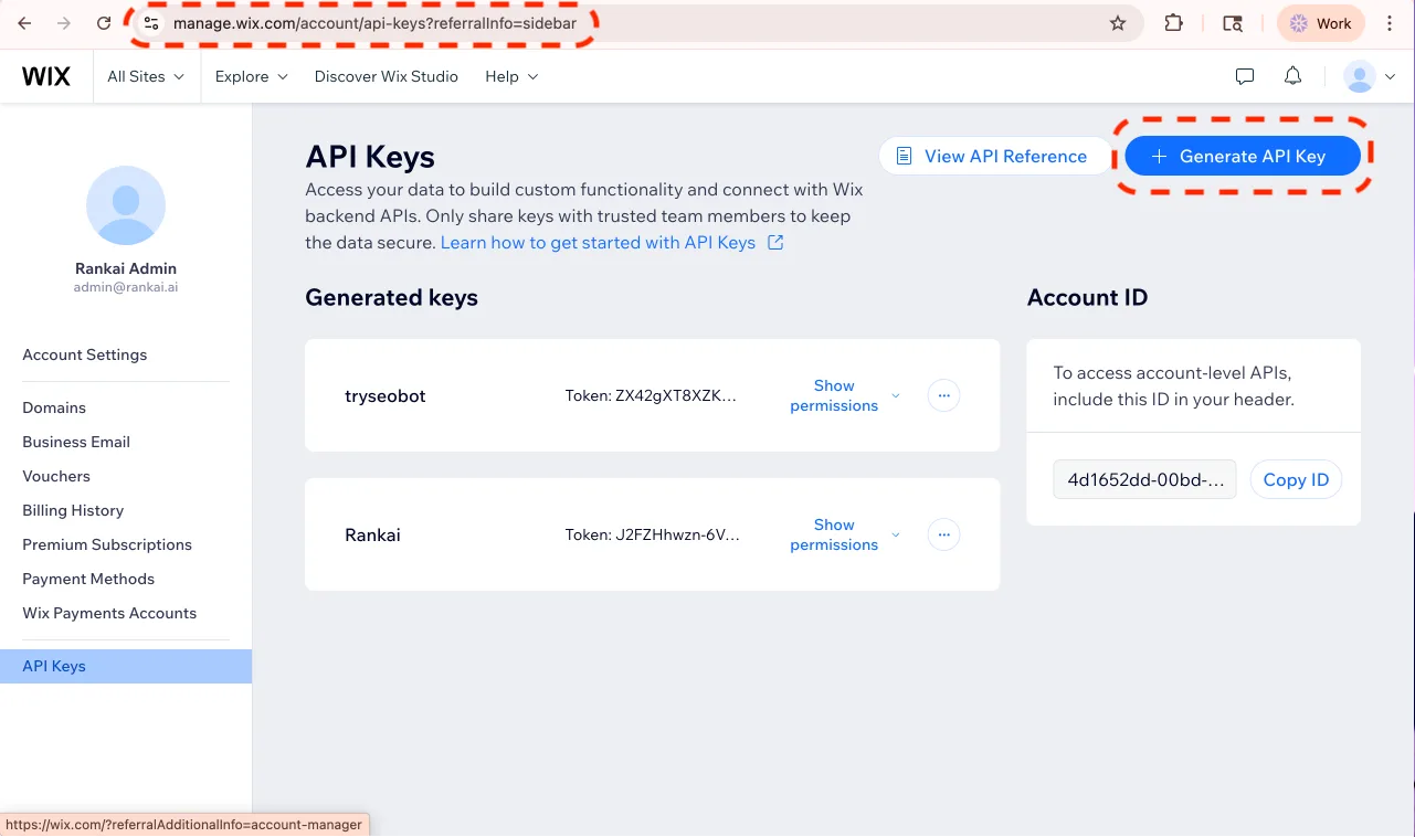 Wix API Keys page with Generate API Key button