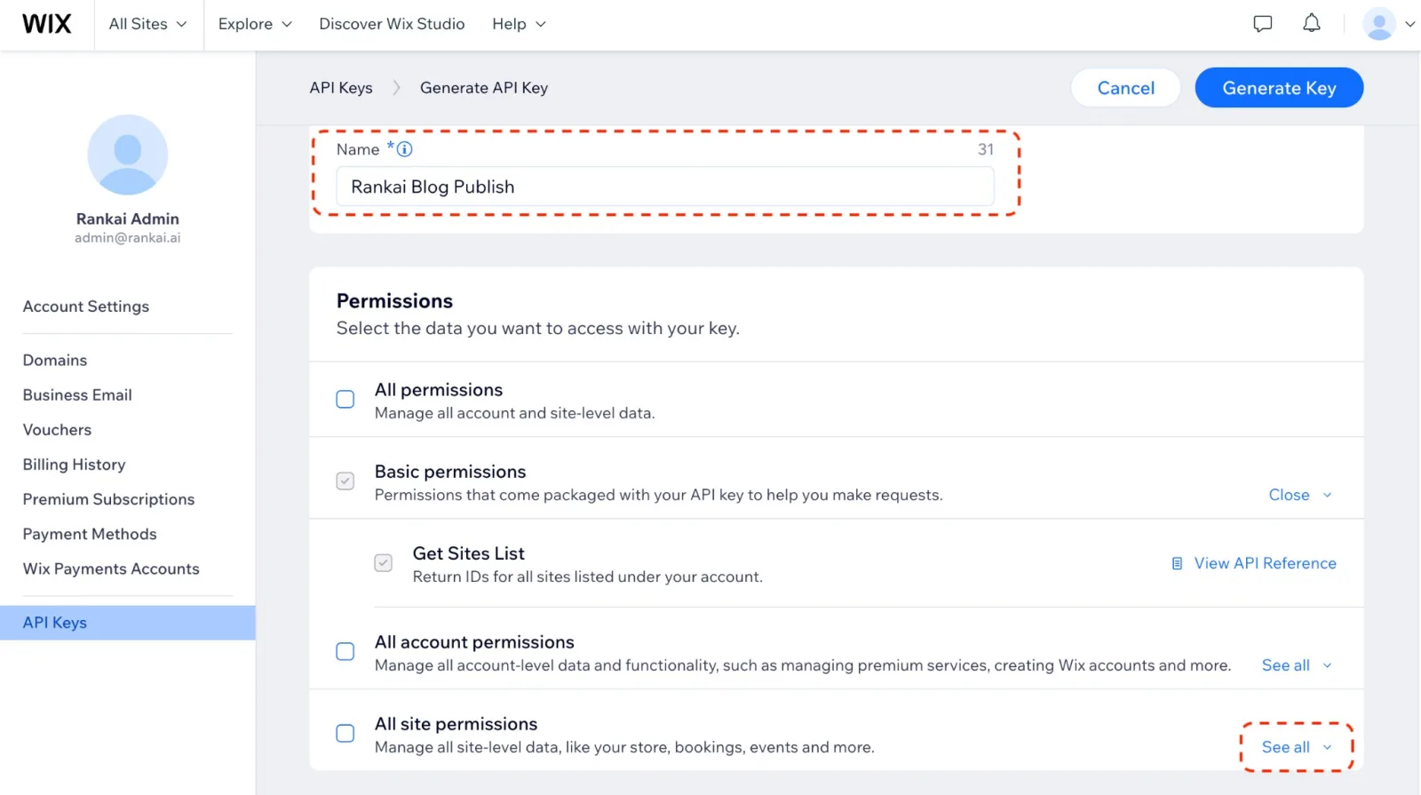 Generate API Key screen with Name field and All site permissions