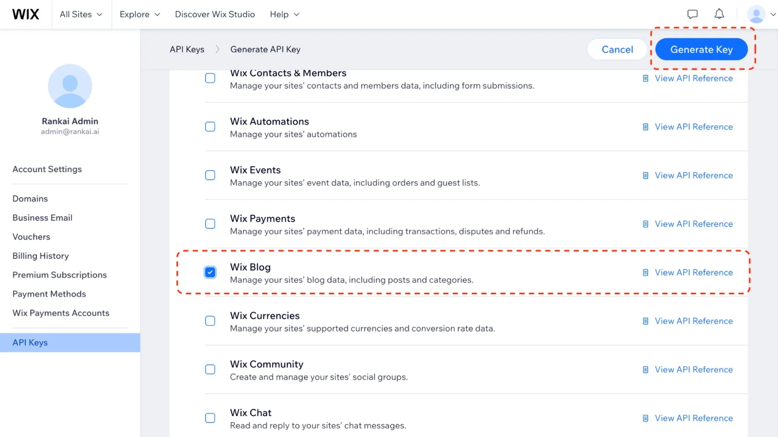 Wix Blog permission selected and Generate Key button