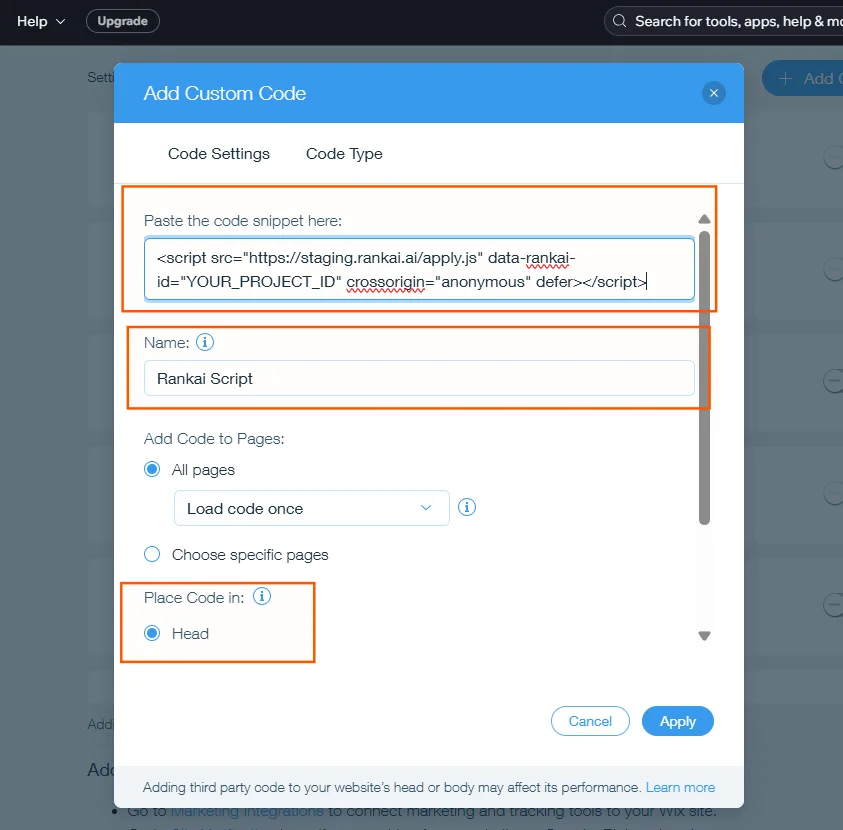 Add Code button