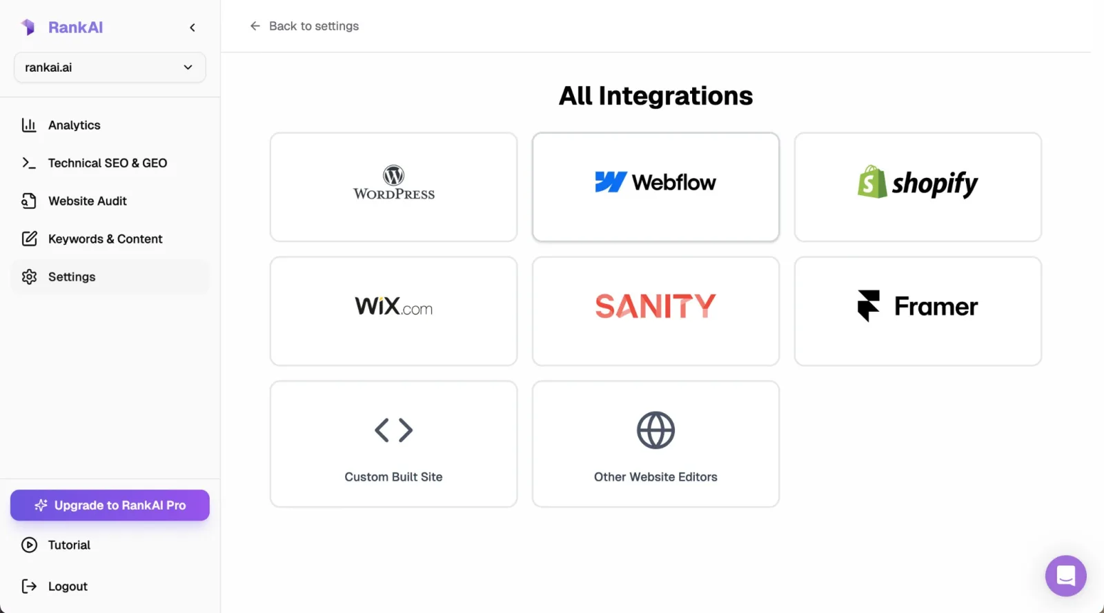 RankAI All Integrations screen with WordPress option