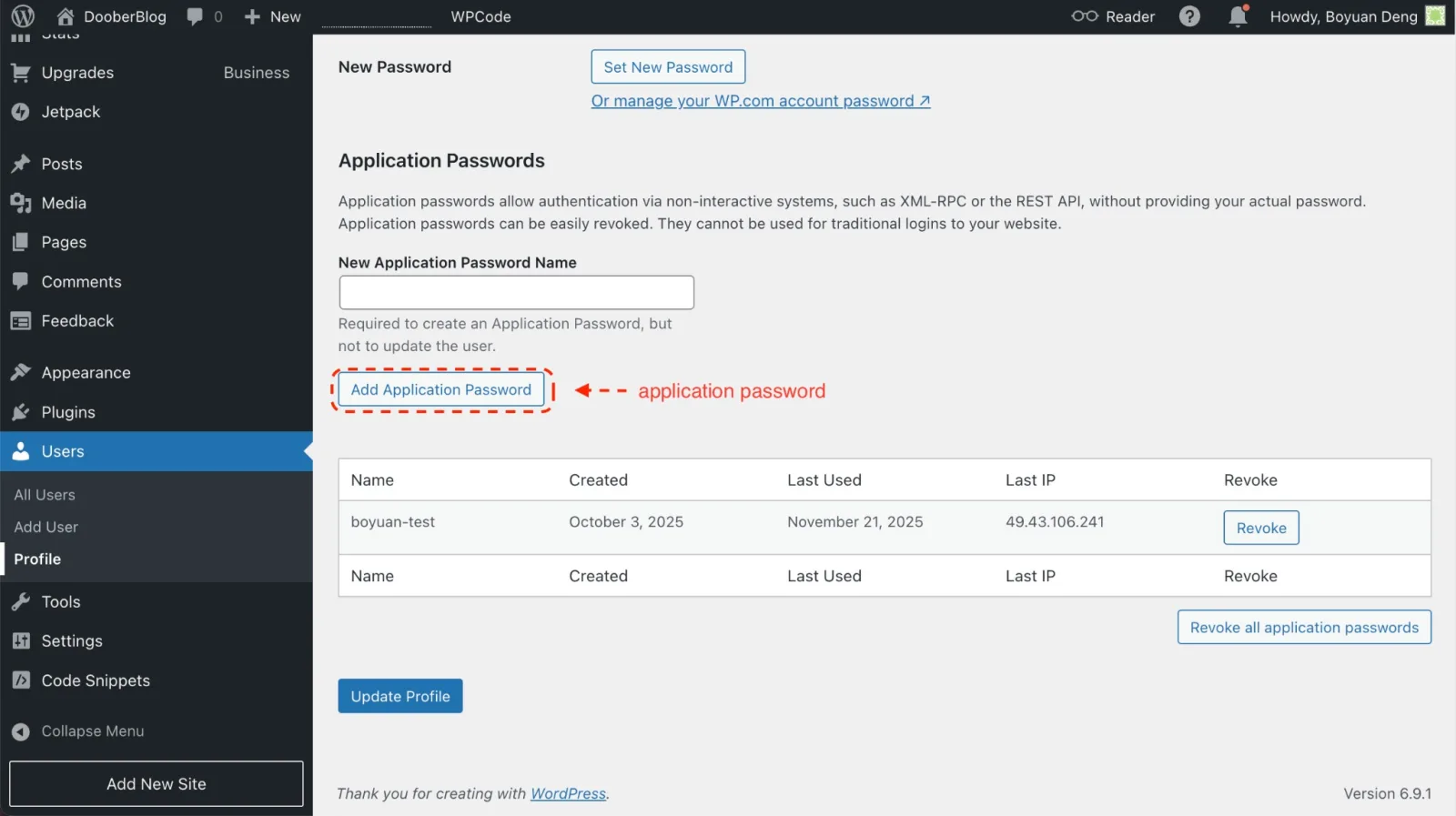 WordPress Application Passwords section with New Application Password Name field