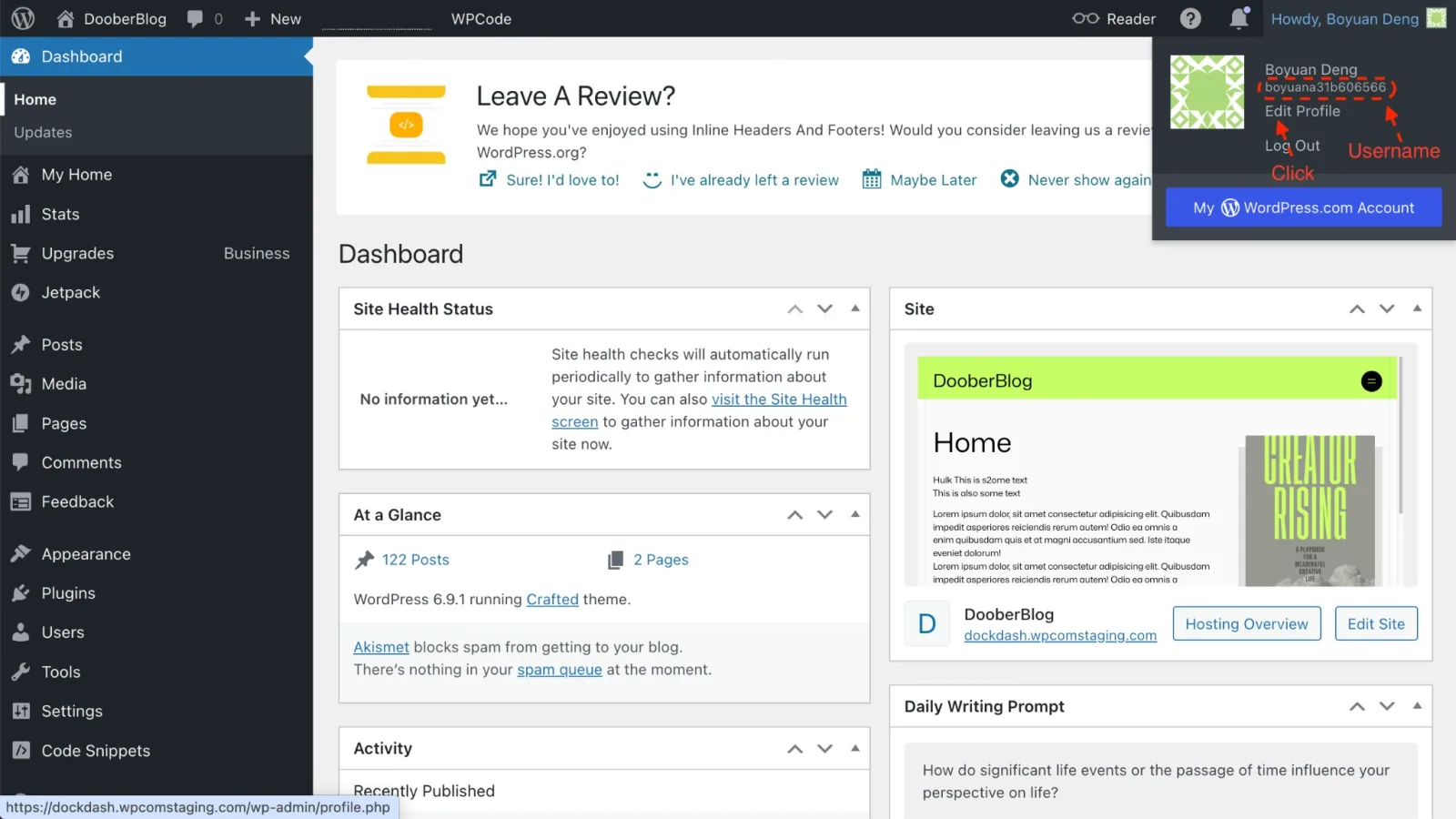 Where to find your WordPress username (e.g. in the profile dropdown or under Users → All Users)