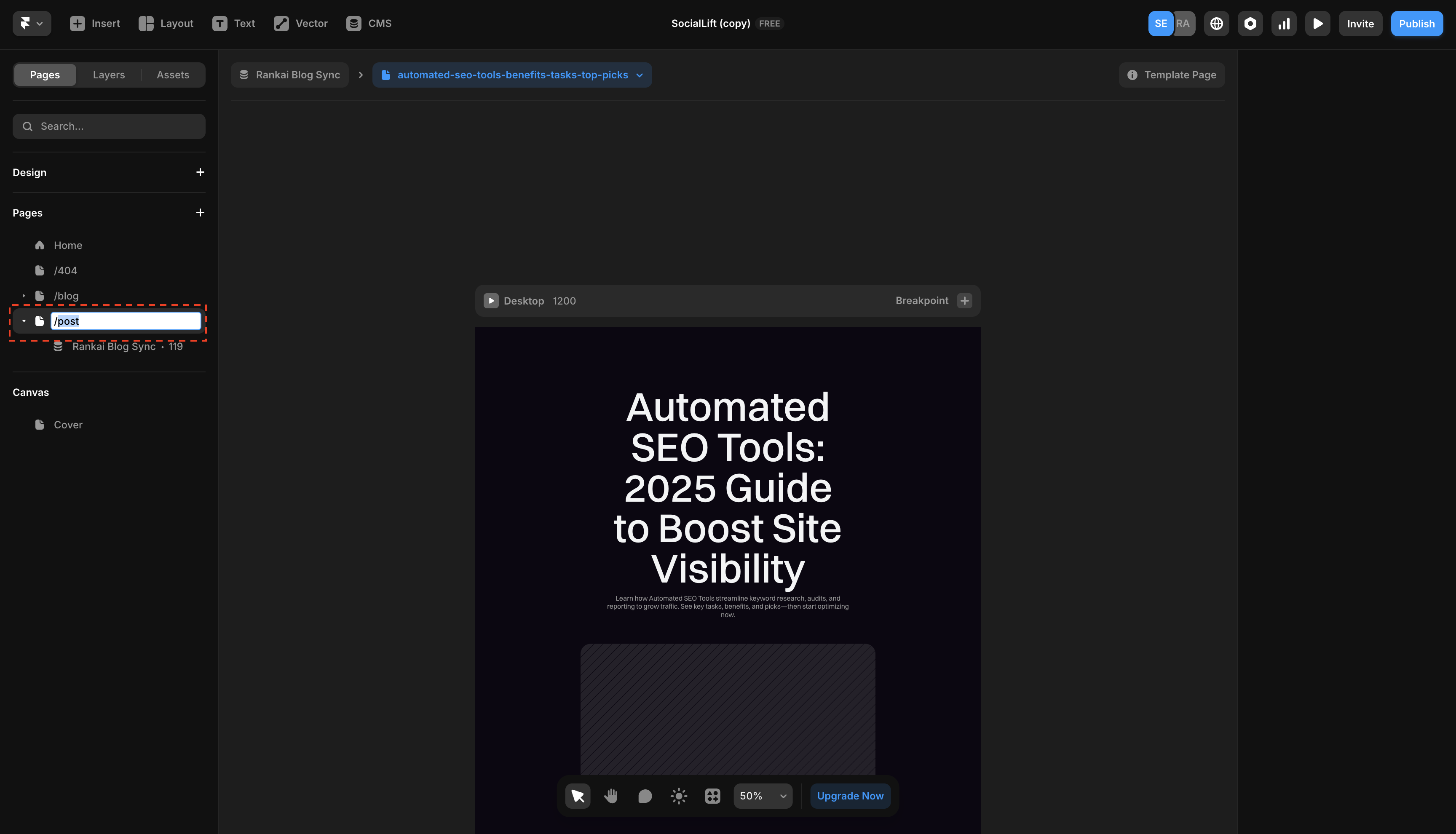 Framer sidebar showing the option to change the page path