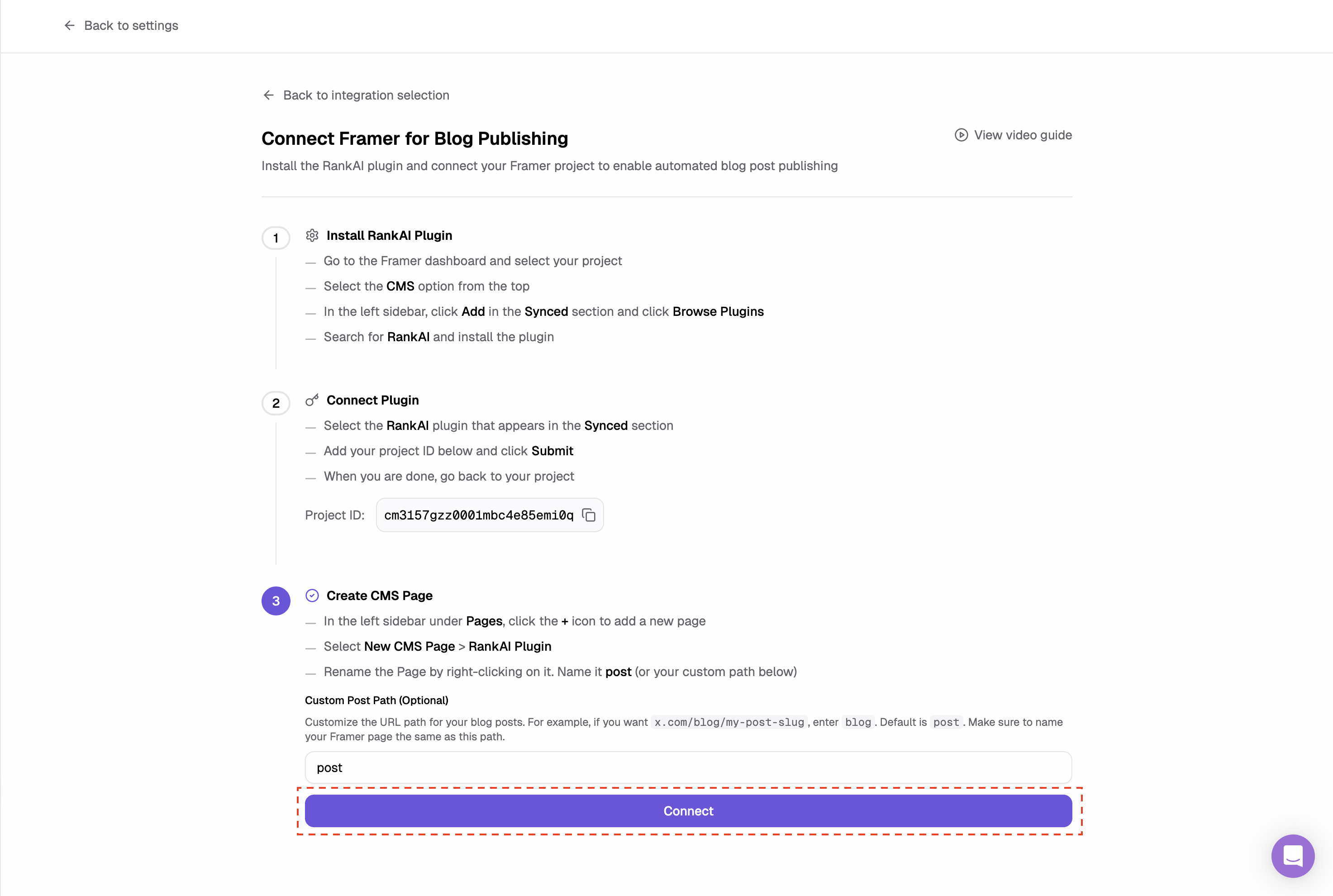 Framer RankAI connection page