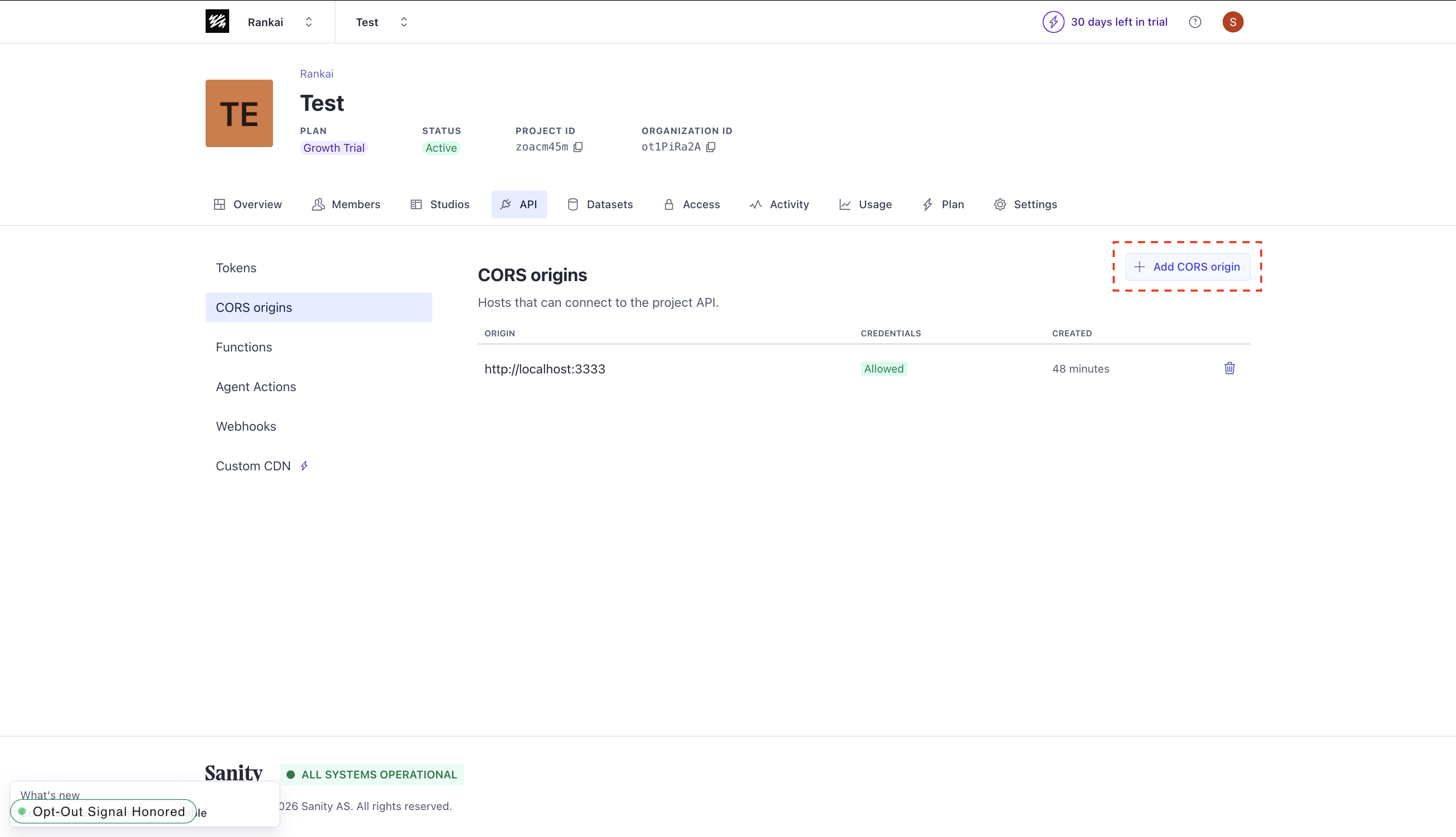 Sanity CORS origins page with the Add CORS origin button highlighted