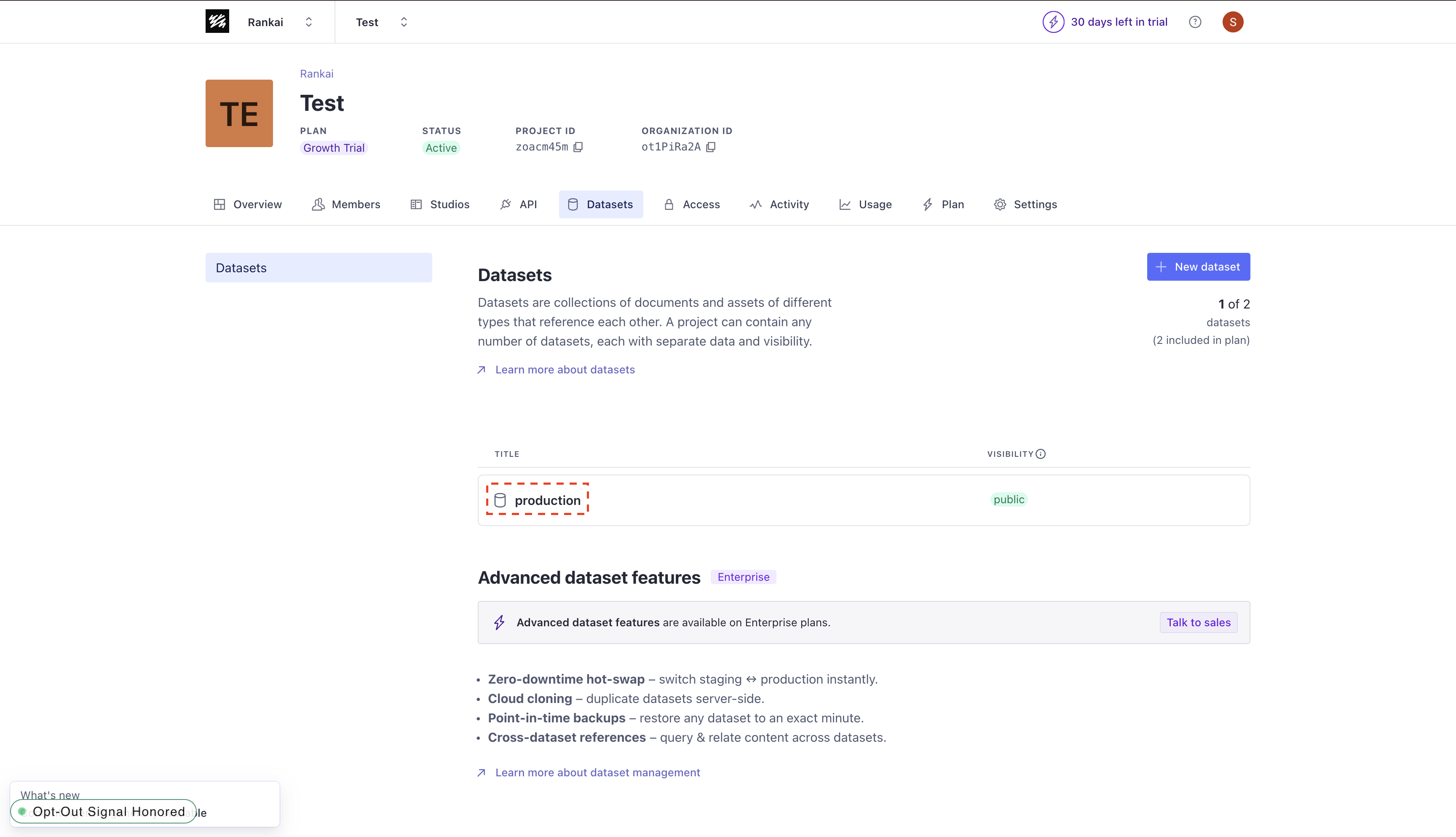 Sanity Datasets tab showing the dataset name to copy
