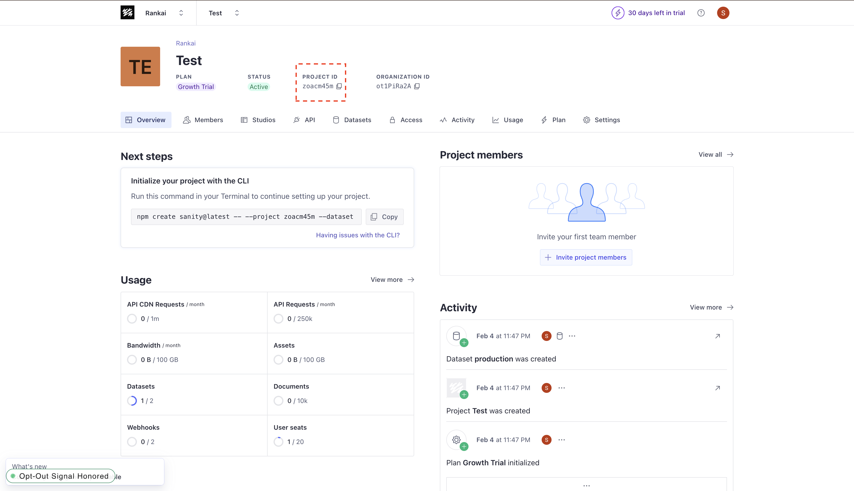 Sanity dashboard highlighting the Project ID in the project overview