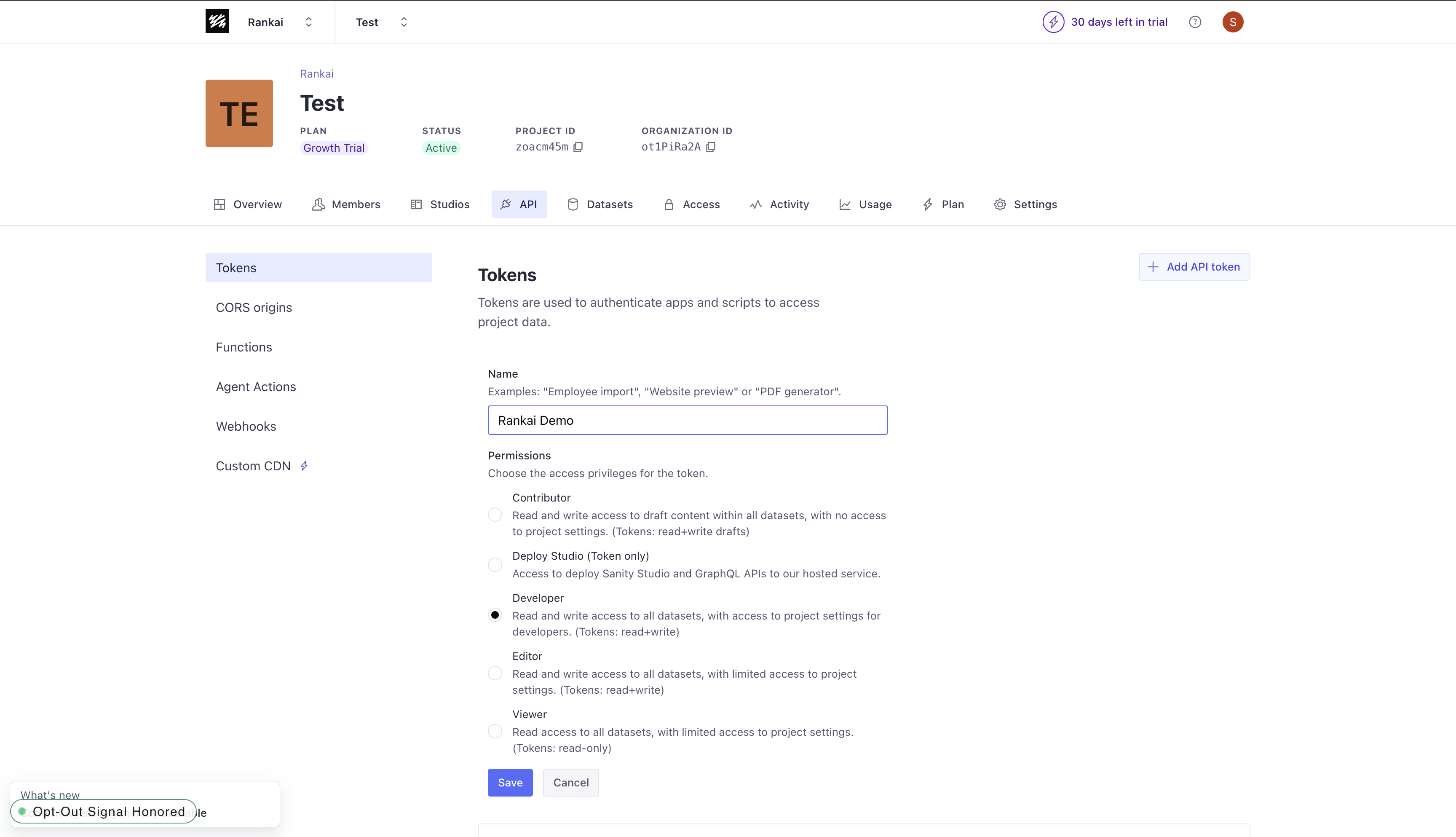 Sanity API token configuration with Developer permissions selected