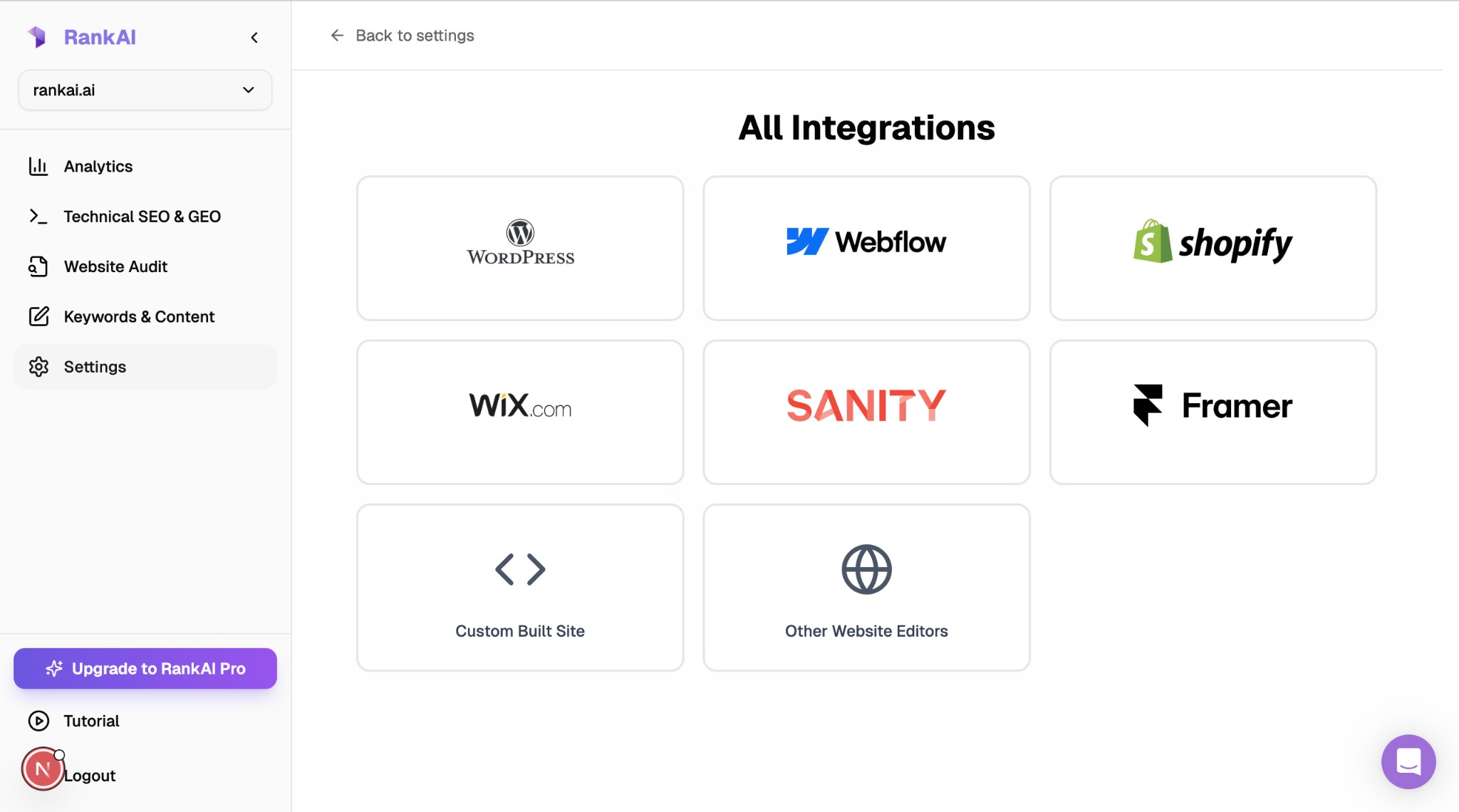 RankAI All Integrations screen with Shopify option