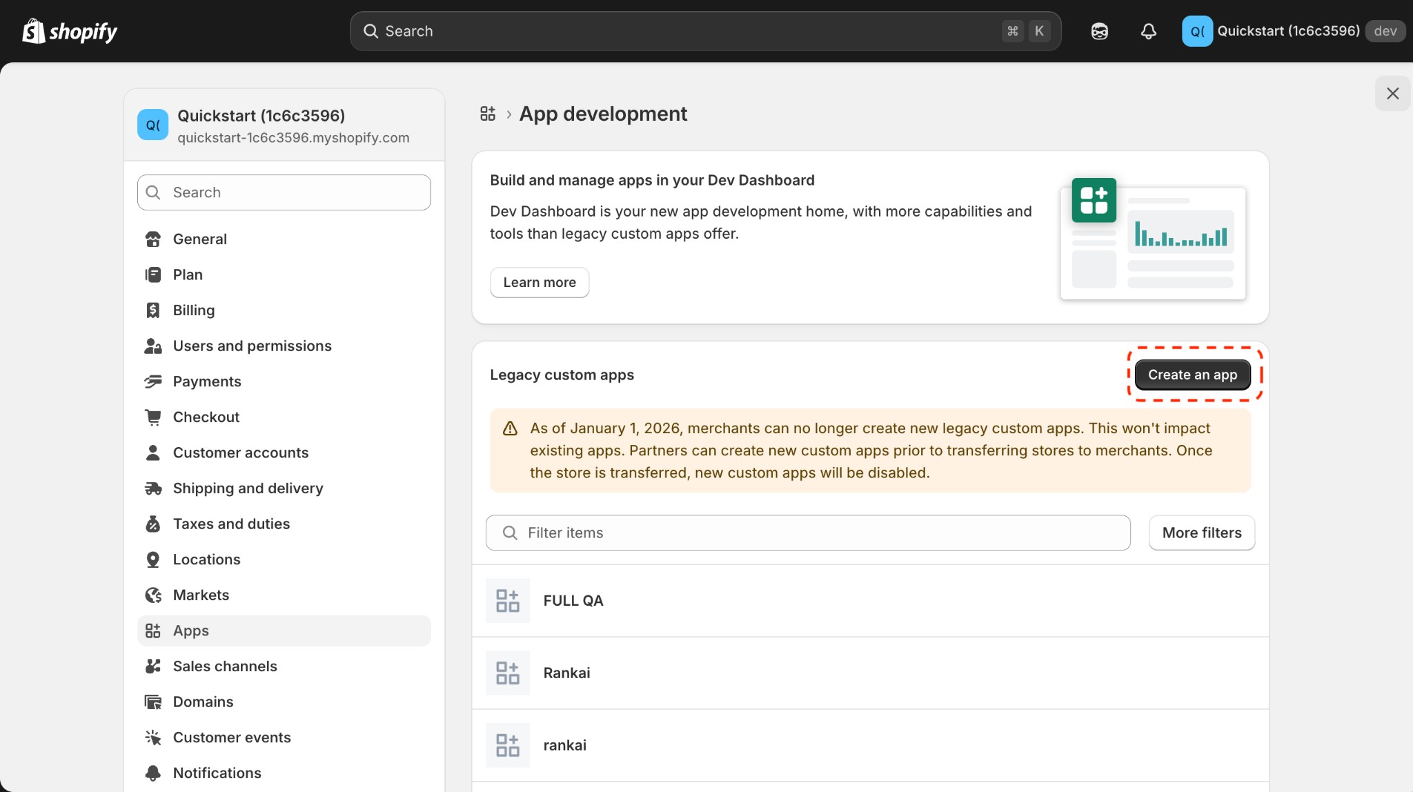 Shopify Apps settings with Develop apps button