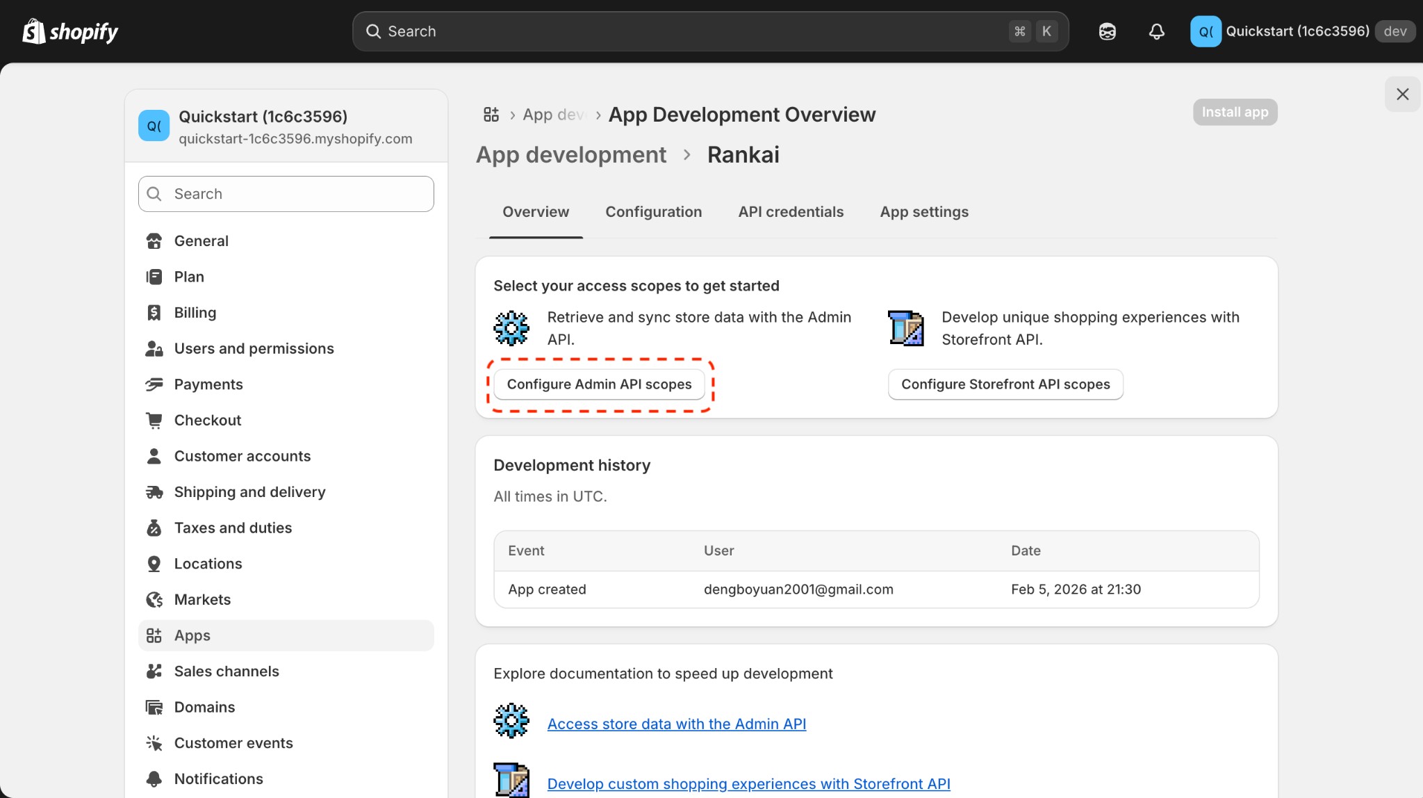 App Overview with Configure Admin API scopes button