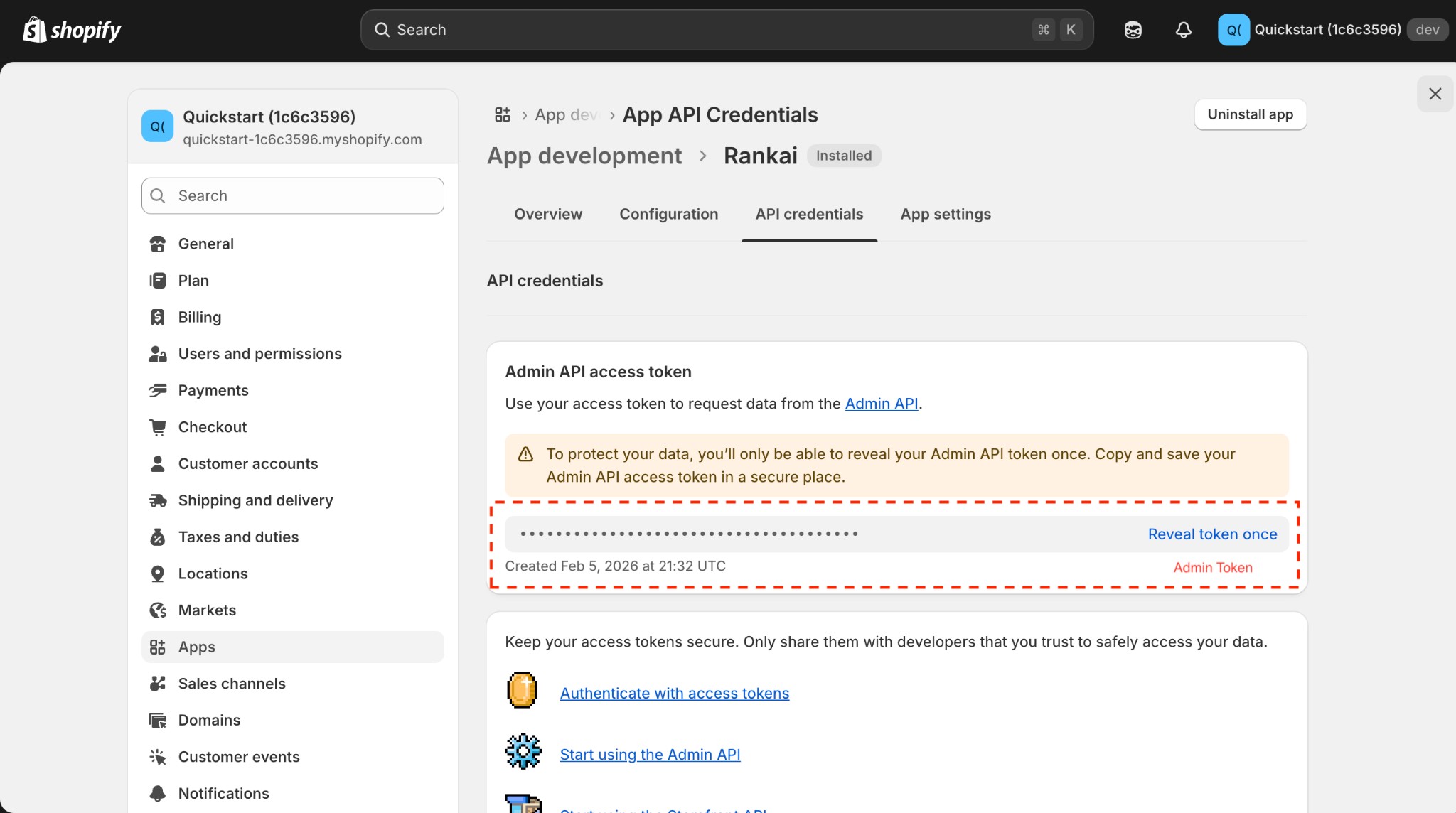 API credentials tab with Admin API access token and Reveal token once link