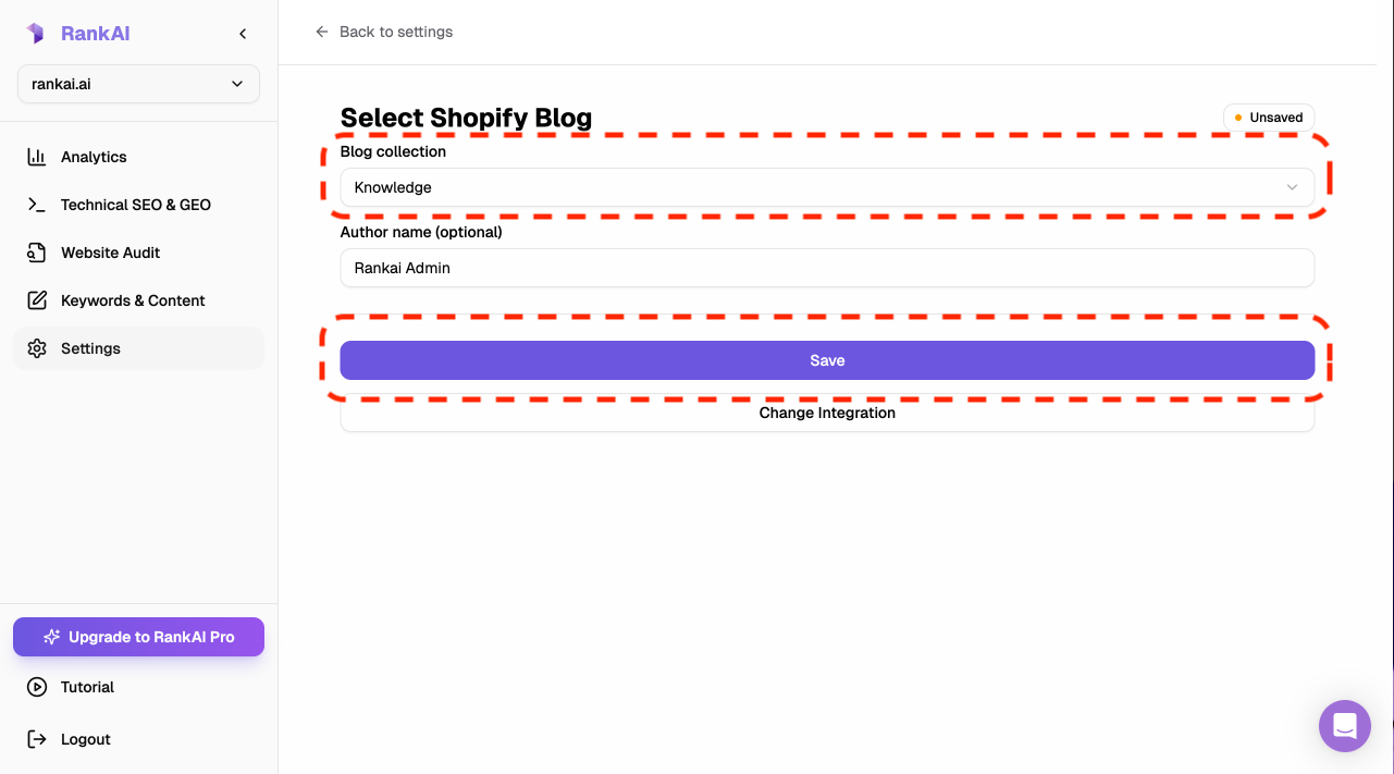Select Shopify Blog screen with Blog collection dropdown and Author name field