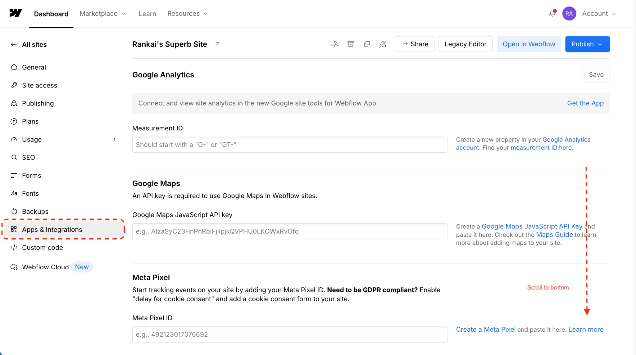 Webflow Project Settings sidebar with Apps & Integrations highlighted