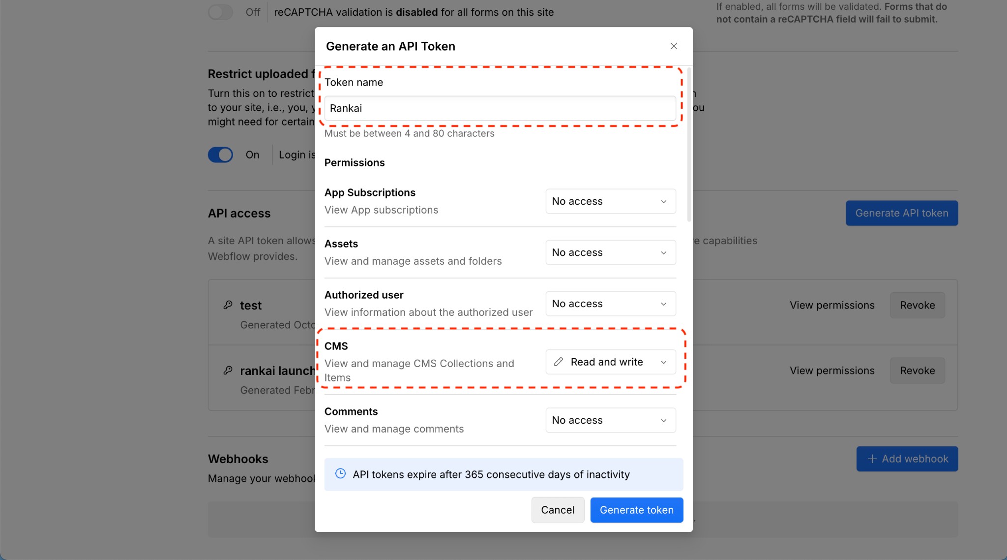 Generate an API Token modal with token name and CMS permissions