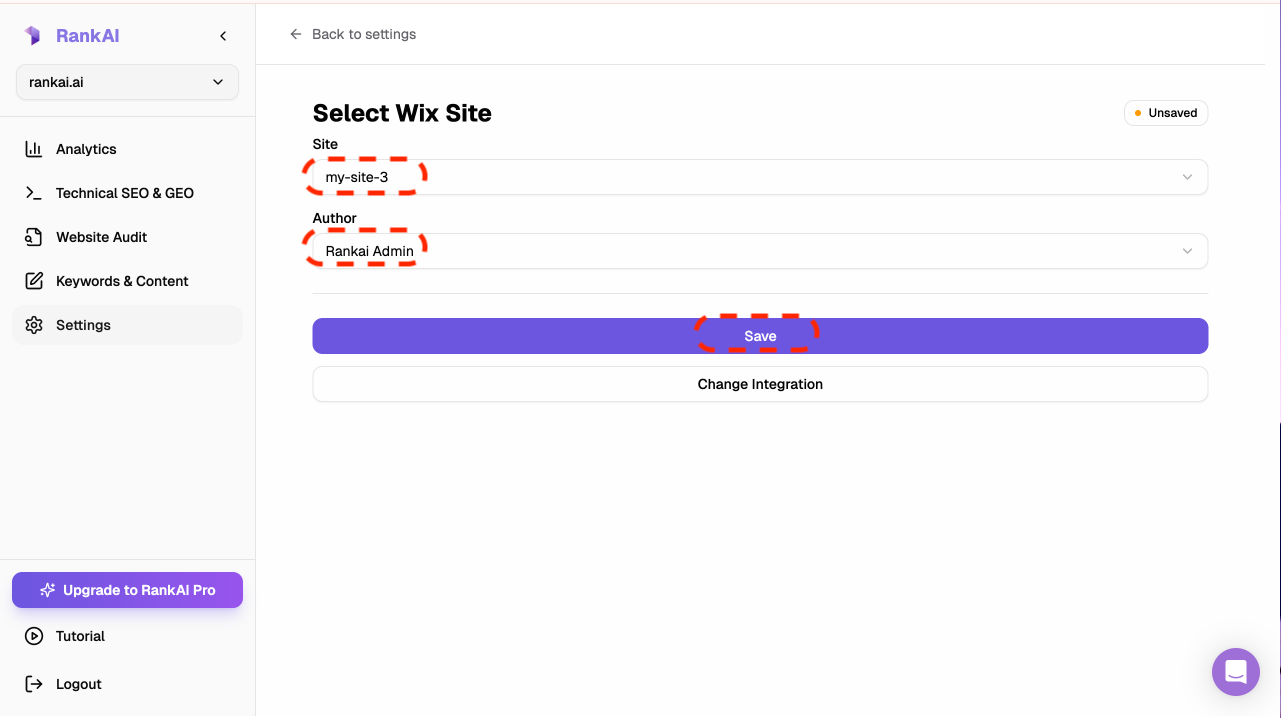 Select Wix Site screen with Site and Author dropdowns