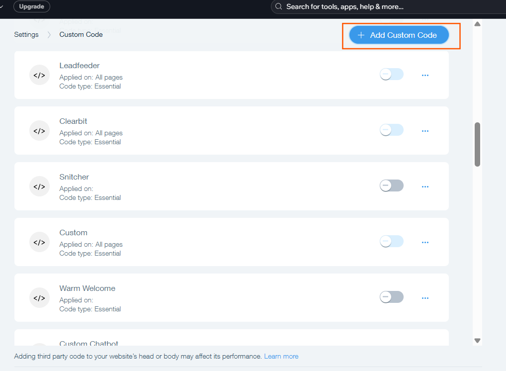 Add Custom Code button