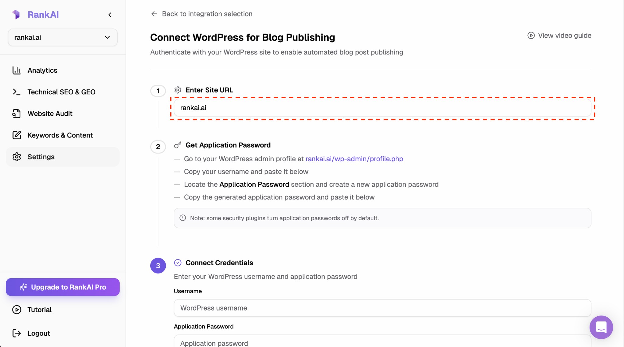 RankAI integration settings showing the Enter Site URL field